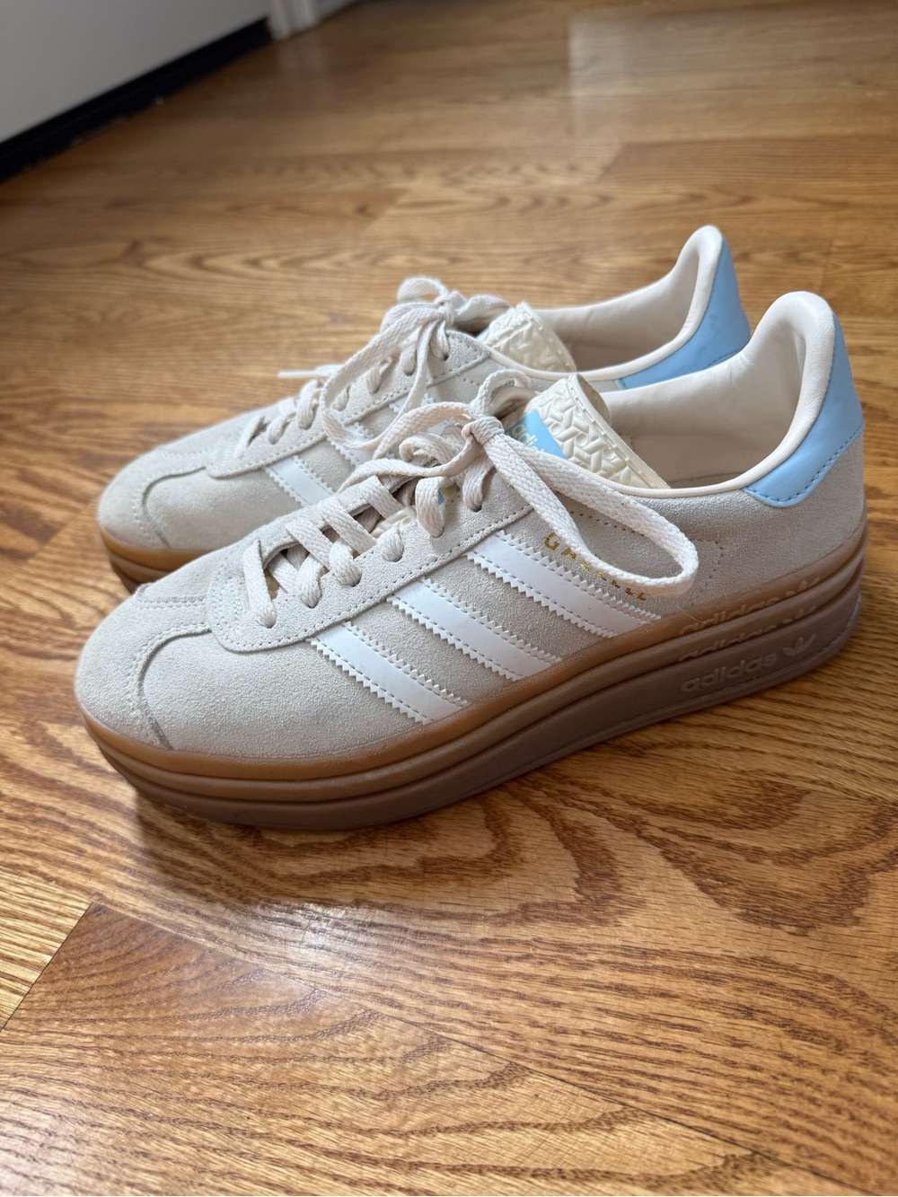 adidas Women's Suede Platform Sneakers in Off-White with Light Blue Heel